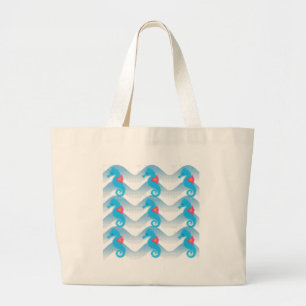 Grand Tote Bag Motif Des Chevaux De Mer Et Des Vagues Bleues