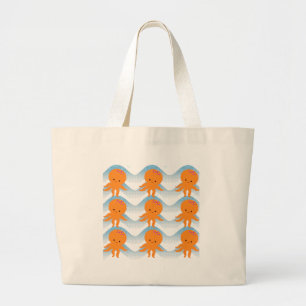 Grand Tote Bag Motif Octopus Orange Et Vagues Bleues
