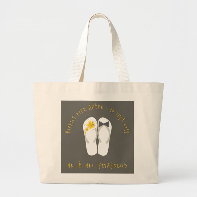 Grand Tote Bag Mr & Mrs Flip Flops Plage Hibiscus Jaune Mariage (Devant)