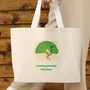 Grand Tote Bag Mug avec design de paon glamour et jeu de mots