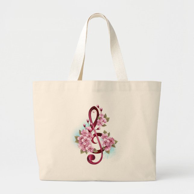 Grand Tote Bag Musical treble clef notes with Sakura flowers (Devant)