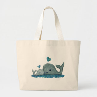 Grand Tote Bag Natation de maman et de bébé de baleine en mer