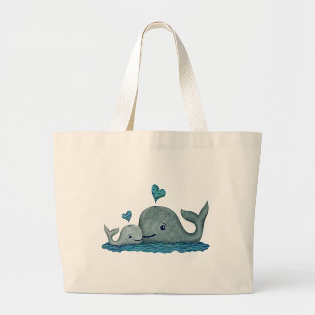 Grand Tote Bag Natation de maman et de bébé de baleine en mer (Devant)