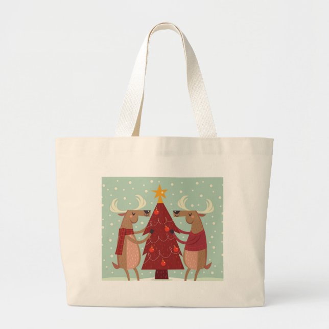 Grand Tote Bag Noël des rennes vintages (Devant)