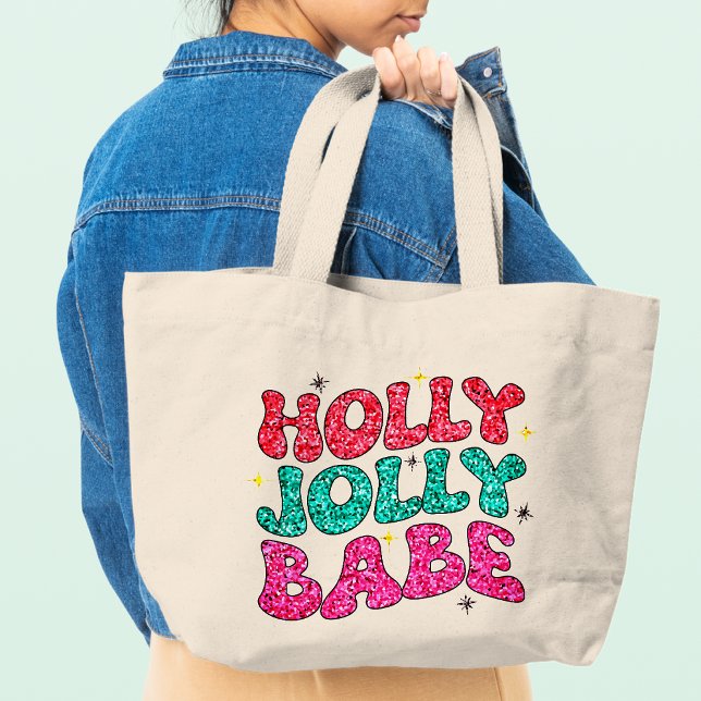 Grand Tote Bag Noël Holly Jolly Babe Parties scintillant moderne  (Créateur téléchargé)