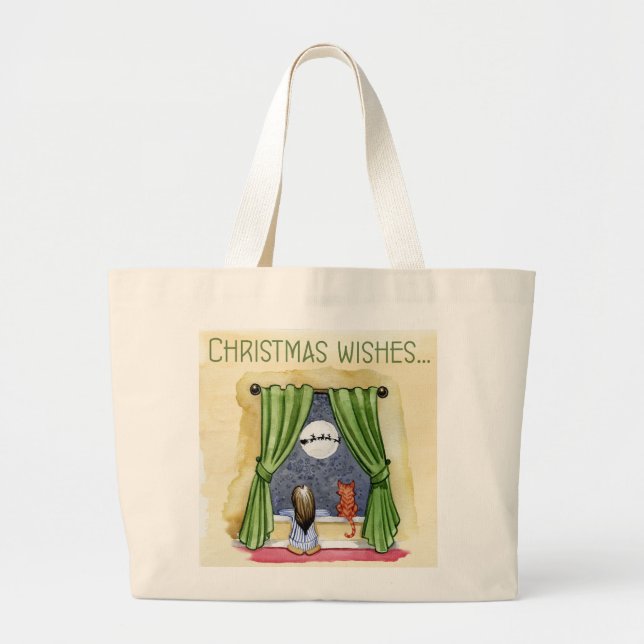 Grand Tote Bag Noël Souhaite Mignonne Enfant & Kitty Chat Noël (Devant)