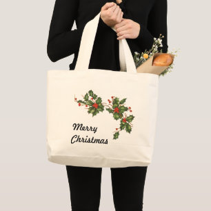Grand Tote Bag Noël vintage, plante de houx avec des baies rouges