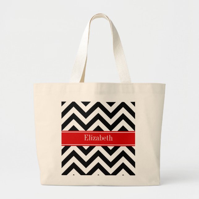 Grand Tote Bag Noir Blanc LG Chevron Rouge Nom Monogramme (Devant)