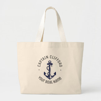 Grand Tote Bag Nom du capitaine sur mesure Bateau Ancre nautique 
