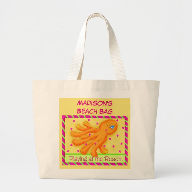 Grand Tote Bag Nom Octopus Personnalisé Jaune Orange Plage Fourre (Devant)