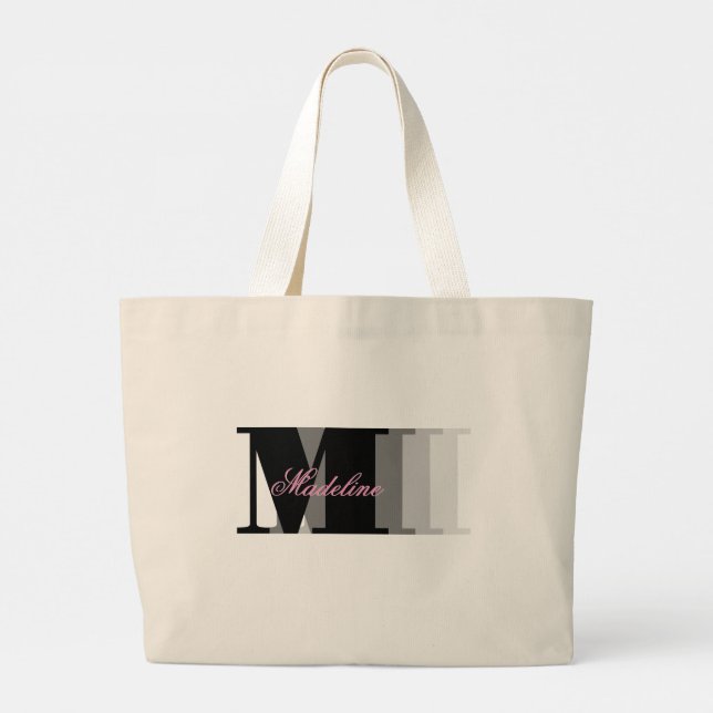 Grand Tote Bag Nuances de noir Monogramme Typographie Pink Script (Dos)