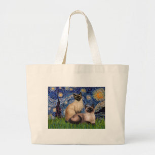 Grand Tote Bag Nuit étoilée - Deux chats siamois (Choc Pt)