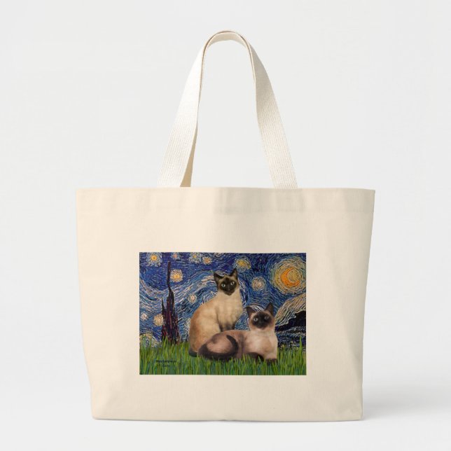 Grand Tote Bag Nuit étoilée - Deux chats siamois (Choc Pt) (Devant)