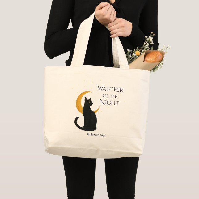 Grand Tote Bag Observateur de la nuit - Chat noir d'Halloween (Devant (produit))