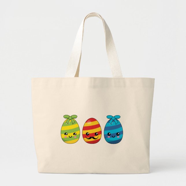 Grand Tote Bag Oeufs de Pâques de Kawaii avec des rubans (Devant)