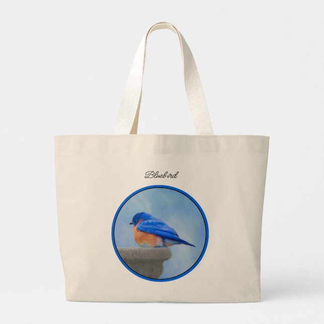 Grand Tote Bag Oiseau bleu de l'Est sur Birdbath Art original (Dos)