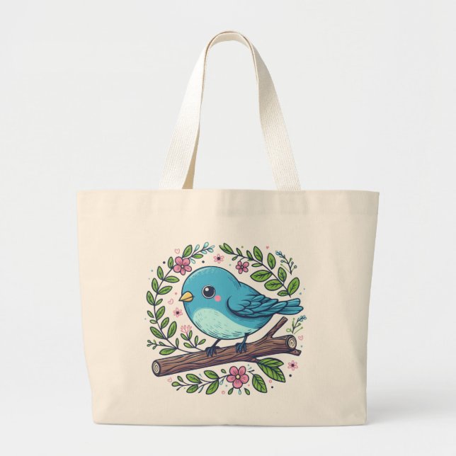 Grand Tote Bag Oiseau bleu mignon perché sur une branche florissa (Devant)