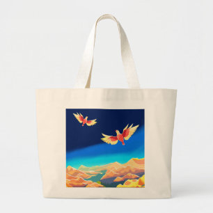 Grand Tote Bag Oiseau coloré survolant les montagnes