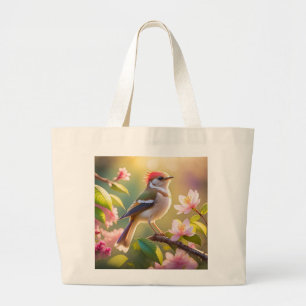 Grand Tote Bag Oiseau de Paruline Imaginaire à tête rouge
