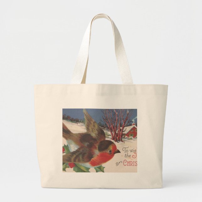 Grand Tote Bag Oiseau d'hiver de Noël Vintage (Devant)