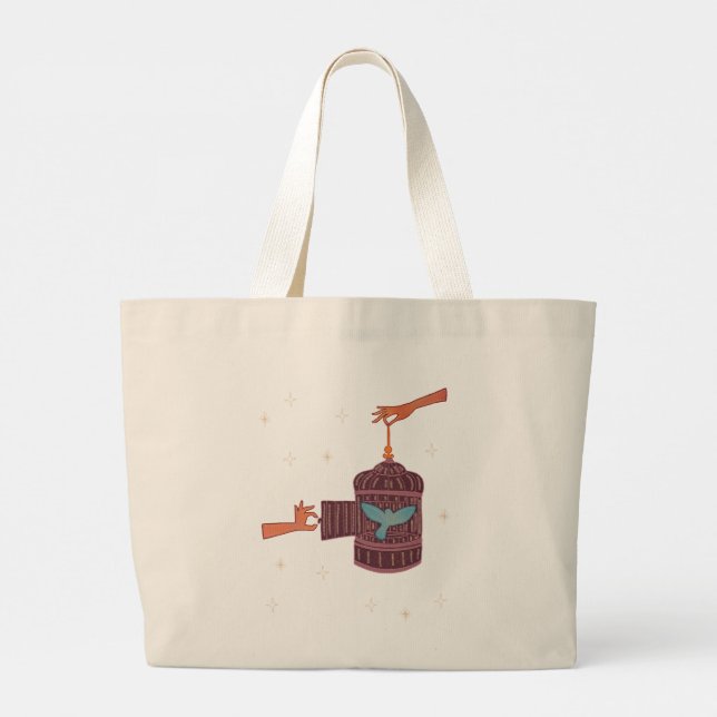 Grand Tote Bag Oiseau libre Cage à oiseaux | Art folklorique Main (Dos)