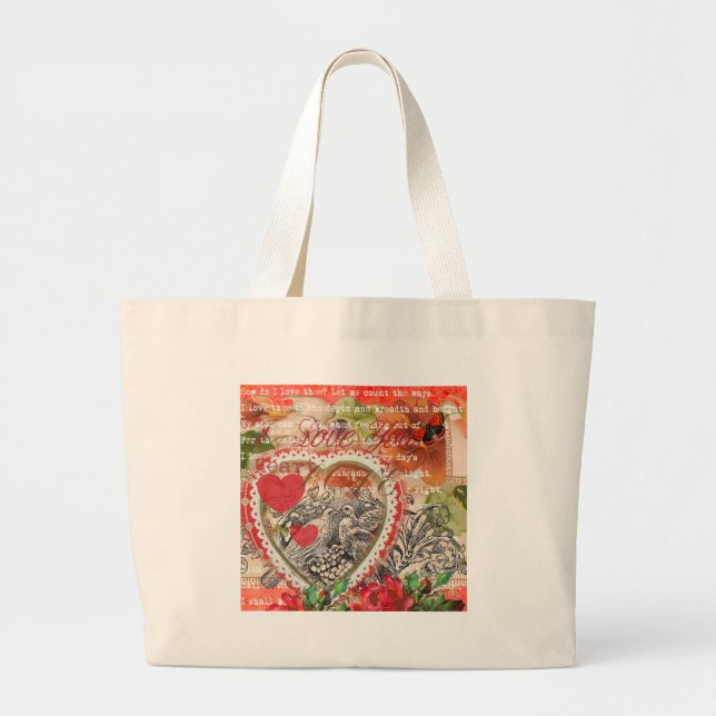 Grand Tote Bag Oiseaux de l'amour Cœur Rouge Collage d'art (Devant)