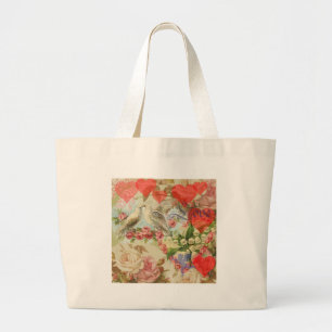 Grand Tote Bag Oiseaux de l'amour Vintage Antique Cœur