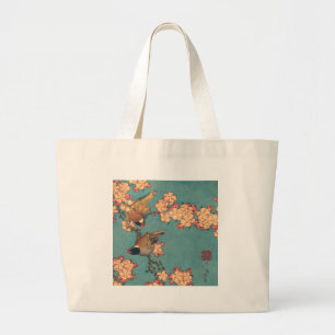 Grand Tote Bag Oiseaux et fleurs japonais Art rose floral