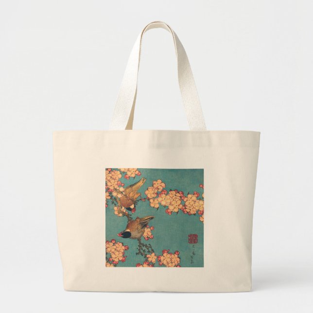 Grand Tote Bag Oiseaux et fleurs japonais Art rose floral (Devant)