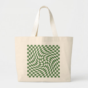 Grand Tote Bag Olive Green & White À damiers Motif déformé