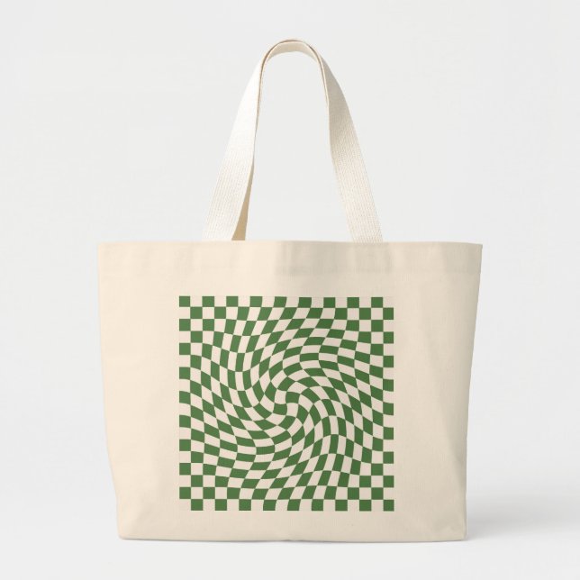 Grand Tote Bag Olive Green & White À damiers Motif déformé (Devant)