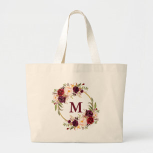 Grand Tote Bag Or floral de monogramme de guirlande de Bourgogne