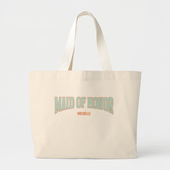 Grand Tote Bag Orange + Teal Faux Glitter Varsity MAID OF HONOR  (Devant)