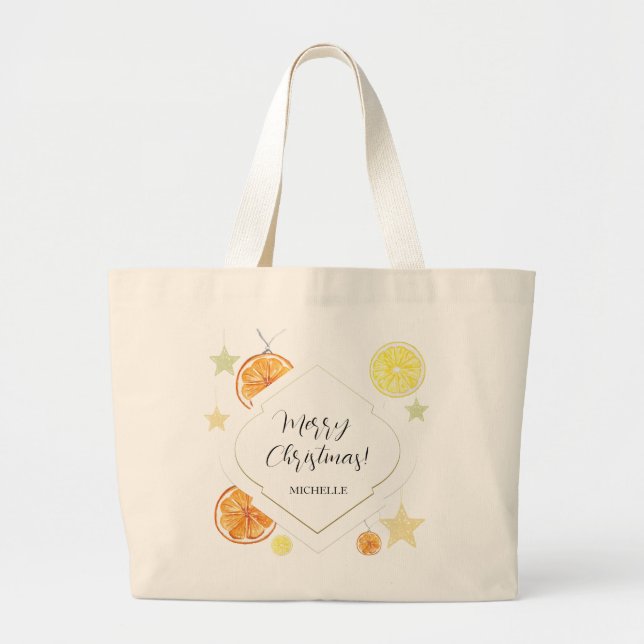 Grand Tote Bag Oranges mignonnes et étoiles sur beige (Devant)