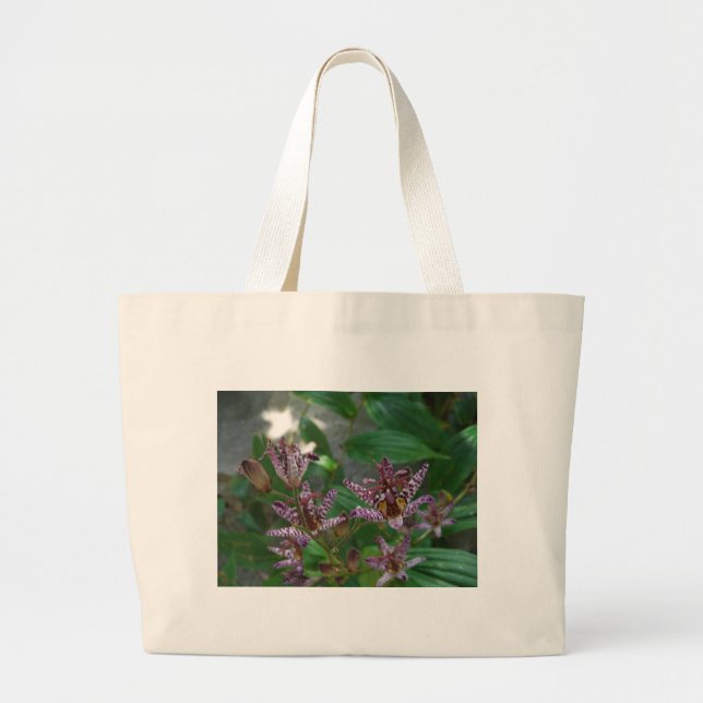 Grand Tote Bag Orchidée blanche rayée violette rose comme lys de  (Devant)