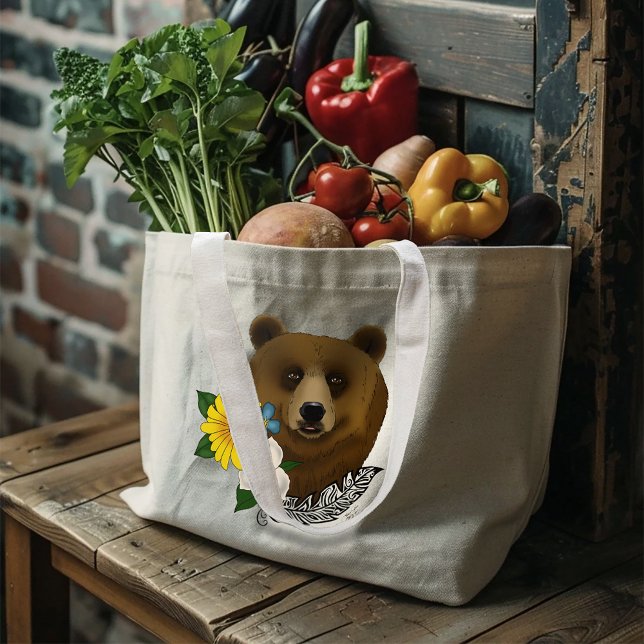 Grand Tote Bag Ours Brun Fleurs Bleues Plume Faune (Créateur téléchargé)