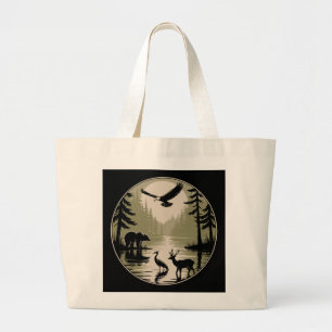 Grand Tote Bag Ours Cerf Aigle Lune Forêt Silhouette