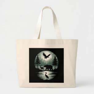 Grand Tote Bag Ours Cerf Aigle Lune Forêt Silhouette