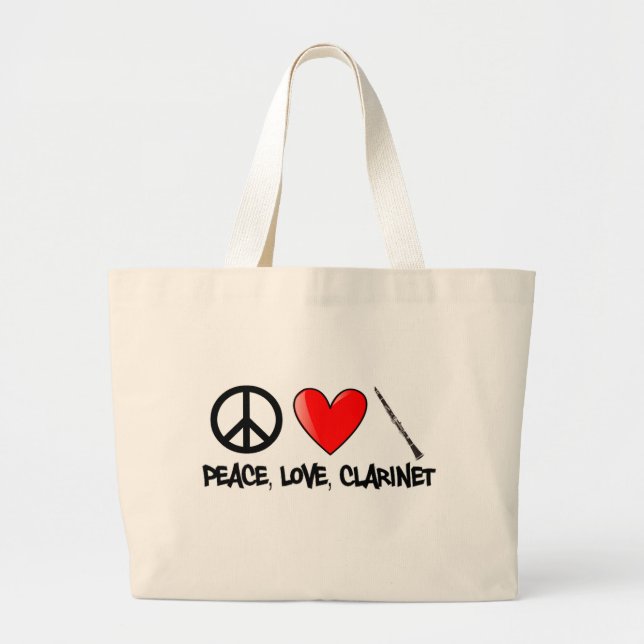 Grand Tote Bag Paix, amour, et clarinette (Devant)