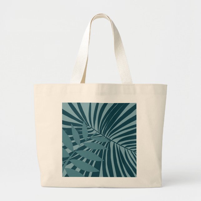 Grand Tote Bag palme & feuille tropicale abstrait en gris vert bl (Devant)
