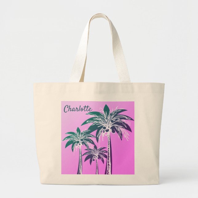 Grand Tote Bag Palmier rose Gras Preppy Beach Nom été (Devant)
