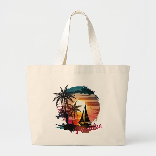 Grand Tote Bag Palmiers à voile Tropical Rose Sunset (Devant)