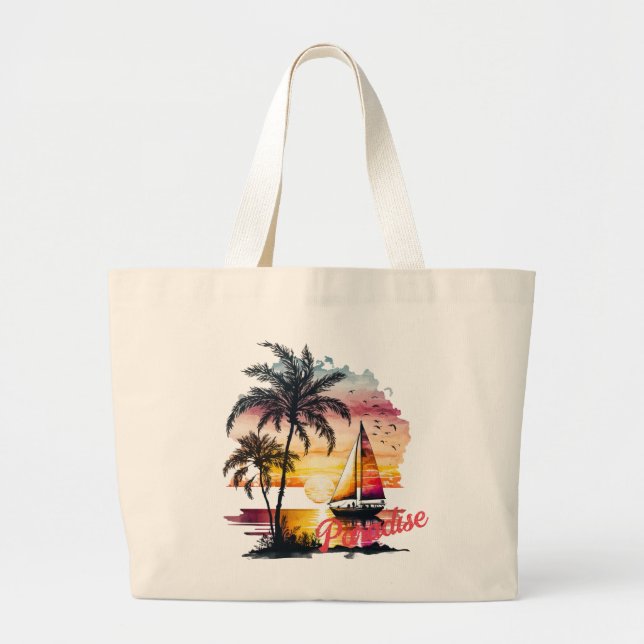 Grand Tote Bag Palmiers à voilier Tropical Rose Sunset (Devant)