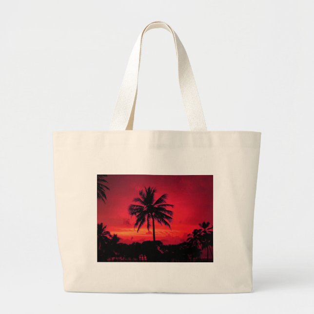 Grand Tote Bag Palmiers exotiques du coucher de soleil de l'Hawaï (Devant)