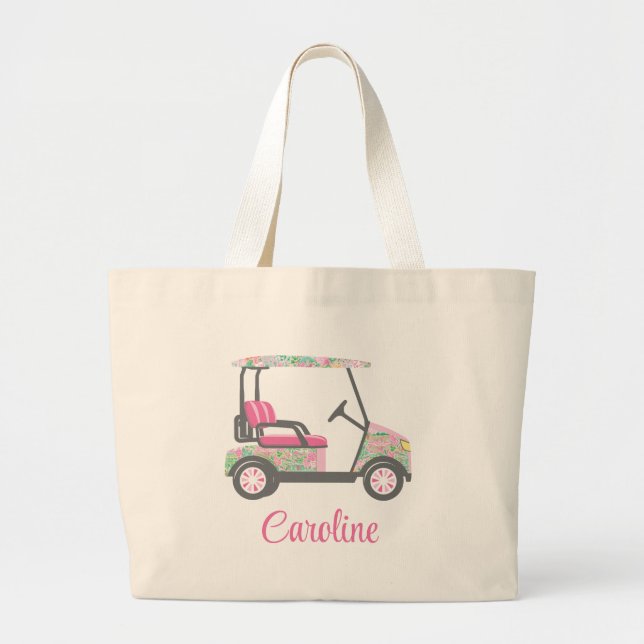 Grand Tote Bag Panier de golf Pink & Green Palm Beach personnalis (Devant)