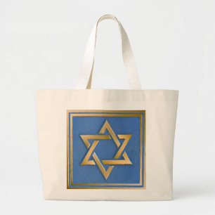 Grand Tote Bag Panneau d'art en or et bleu Étoile de David