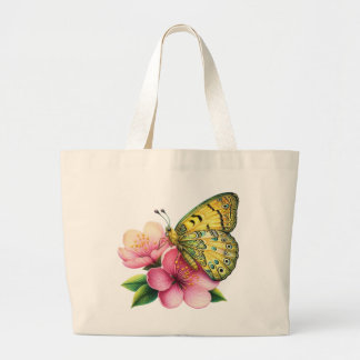 Grand Tote Bag Papillon jaune sur les fleurs de cerisiers