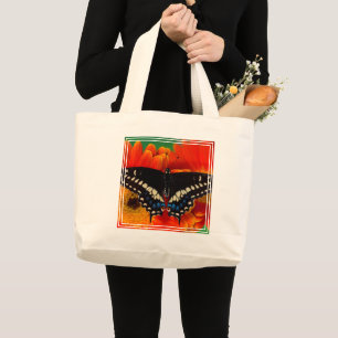 Grand Tote Bag Papillon noir à queue fourchue sur une marguerite