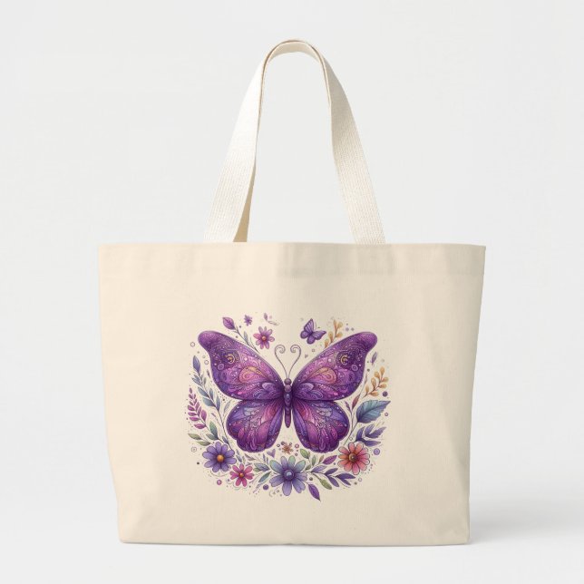 Grand Tote Bag Papillon pourpre aux fleurs (Devant)