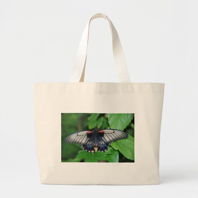 Grand Tote Bag Papillon rouge d'argent noir (Devant)